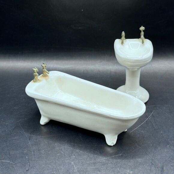 Vintage Miniature Dollhouse Furniture White Porcelain Bathroom Set Sink Tub - Picture 1 of 13
